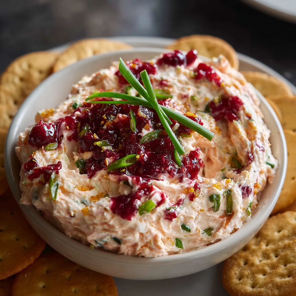 A bowl of Cranberry Jalapeño Cream Cheese Dip is served with crackers.