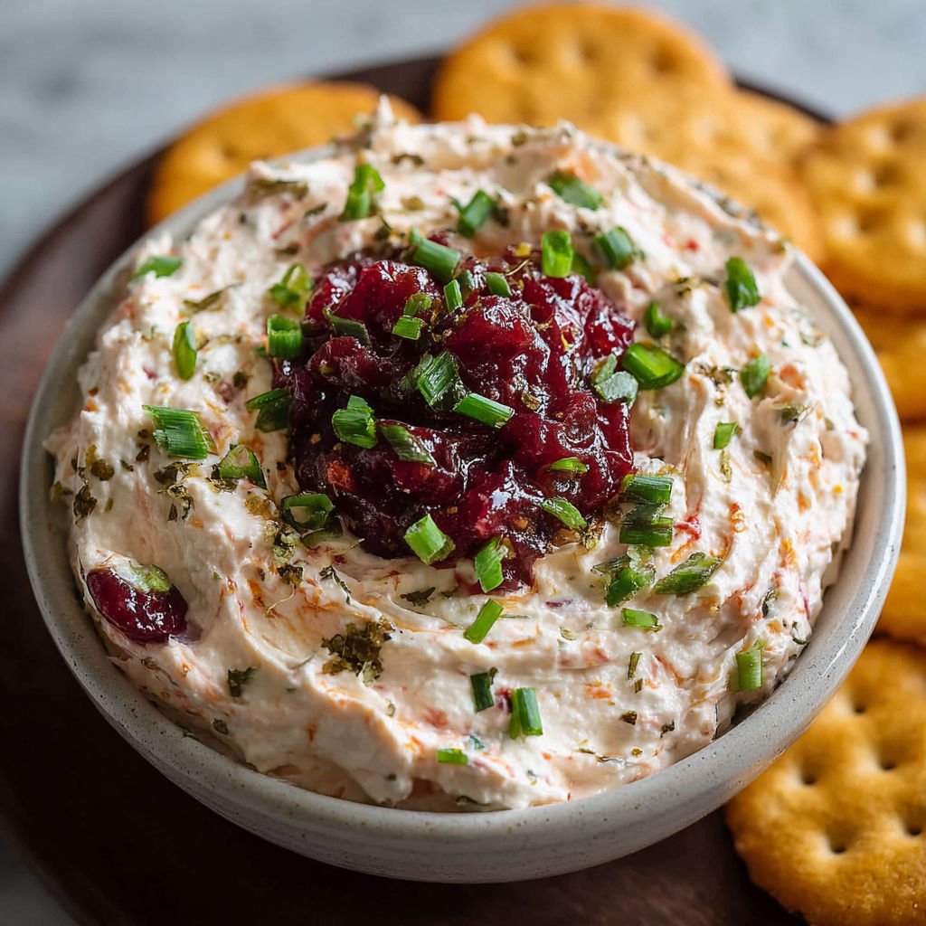 A bowl of creamy dip with a cherry on top, accompanied by crackers.