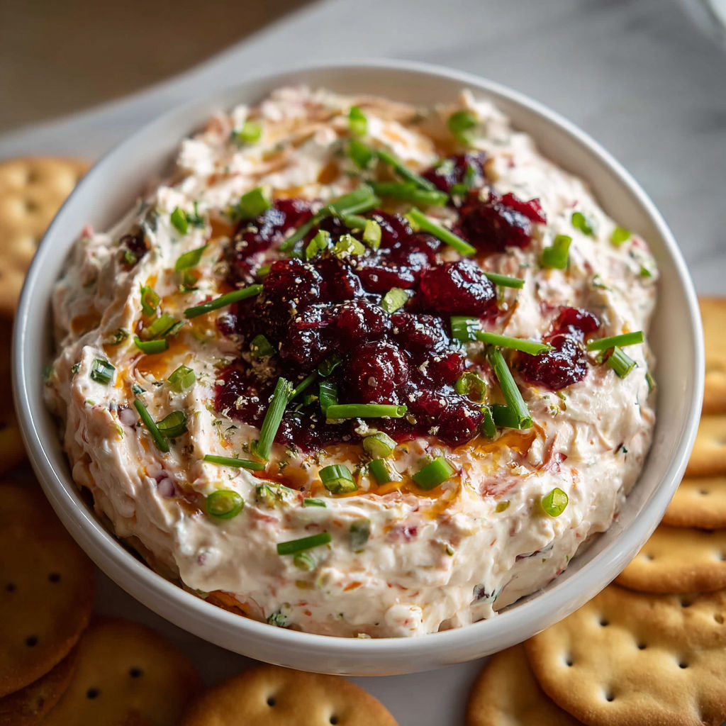 A white bowl filled with a creamy dip, topped with cherries and green onions.