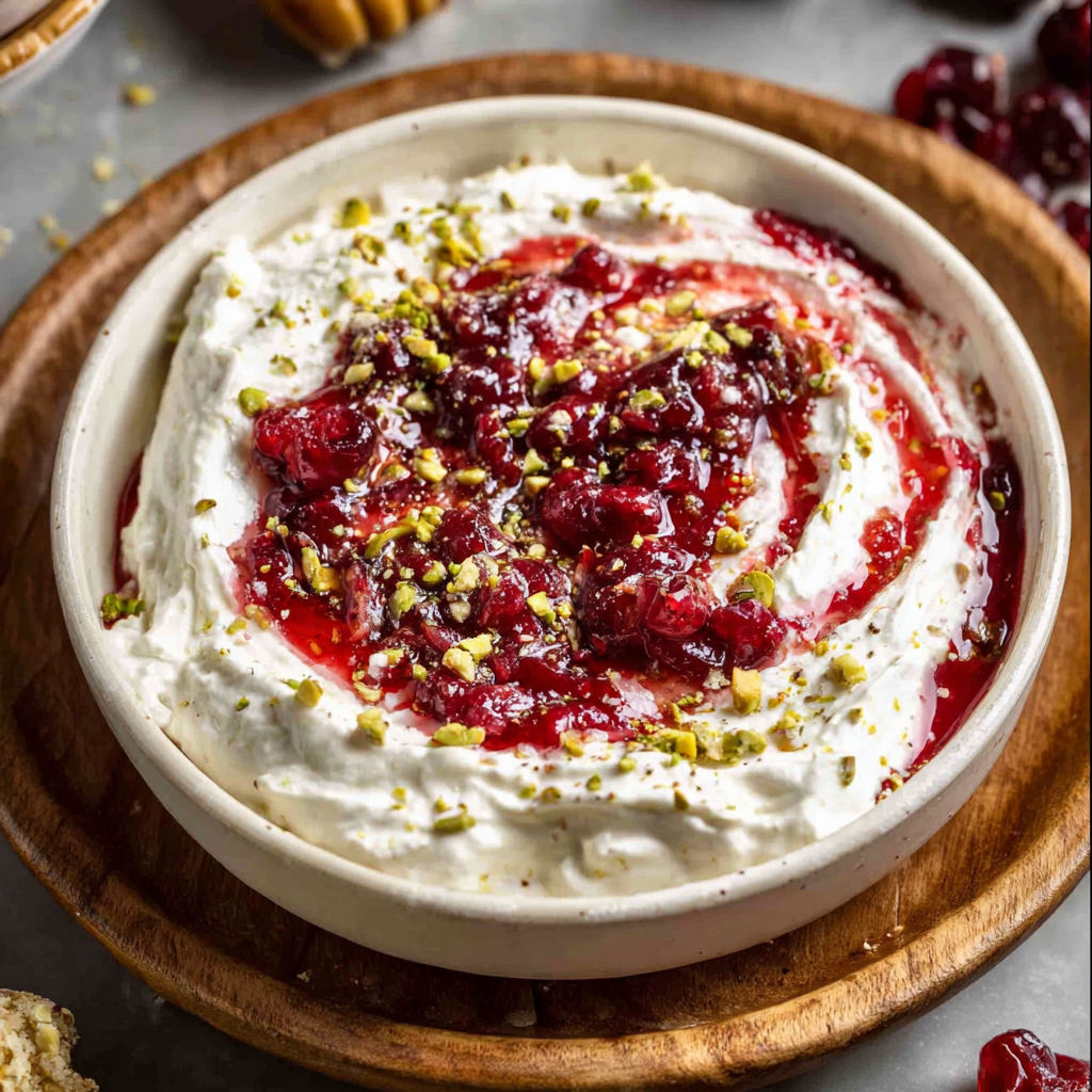A white bowl filled with a red and white dessert, possibly a strawberry and cream cheese dip, is placed on a wooden table.