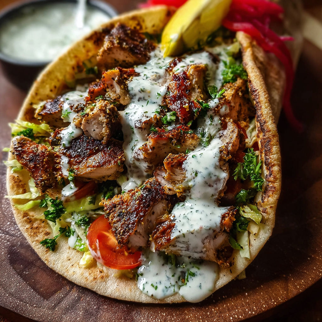 A delicious Chicken Shawarma Garlic Sauce is served on a wooden platter with a side of garlic sauce.