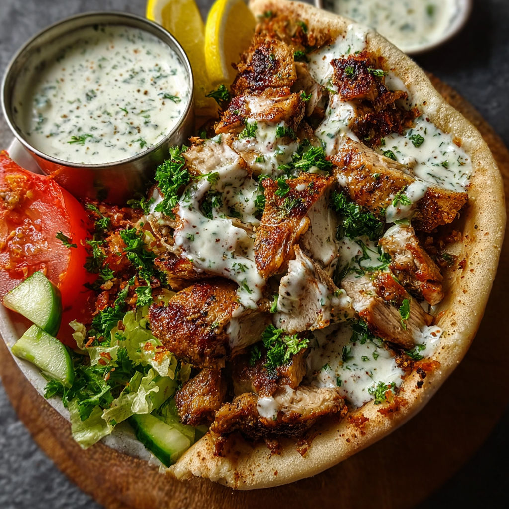 A delicious chicken shawarma garlic sauce meal with a variety of vegetables and sauces.