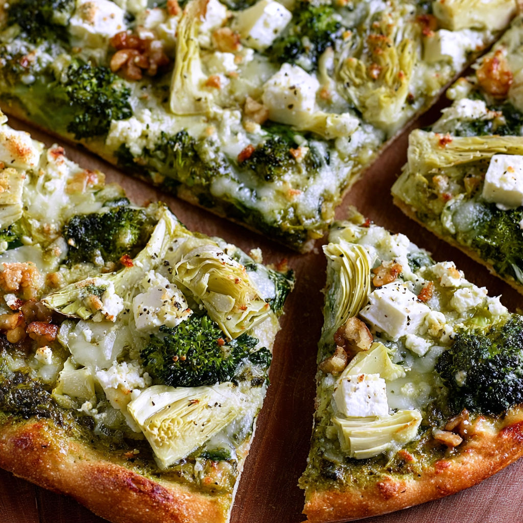 A pizza with broccoli and cheese on a wooden table.