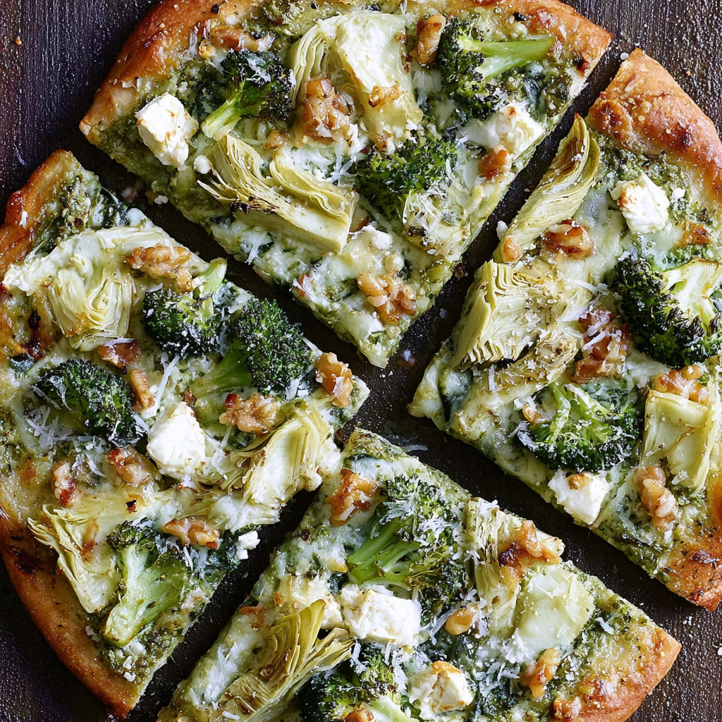 A pizza with broccoli and cheese on a wooden table.