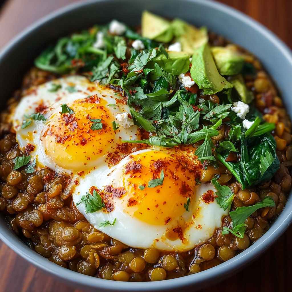 A bowl of Savory Lentil Breakfast Bowl with two eggs on top.