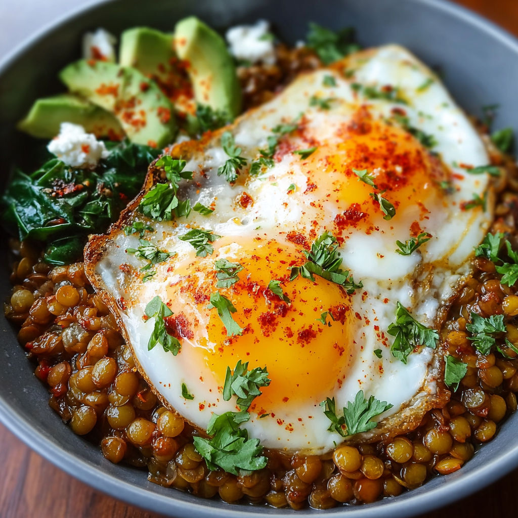 A bowl of Savory Lentil Breakfast Bowl with eggs, avocado, and other ingredients.