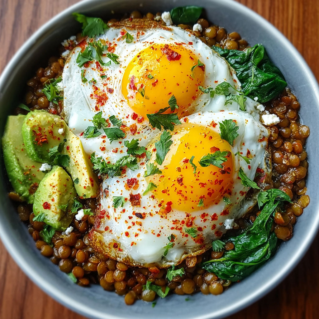A bowl of food containing eggs, lentils, and vegetables.