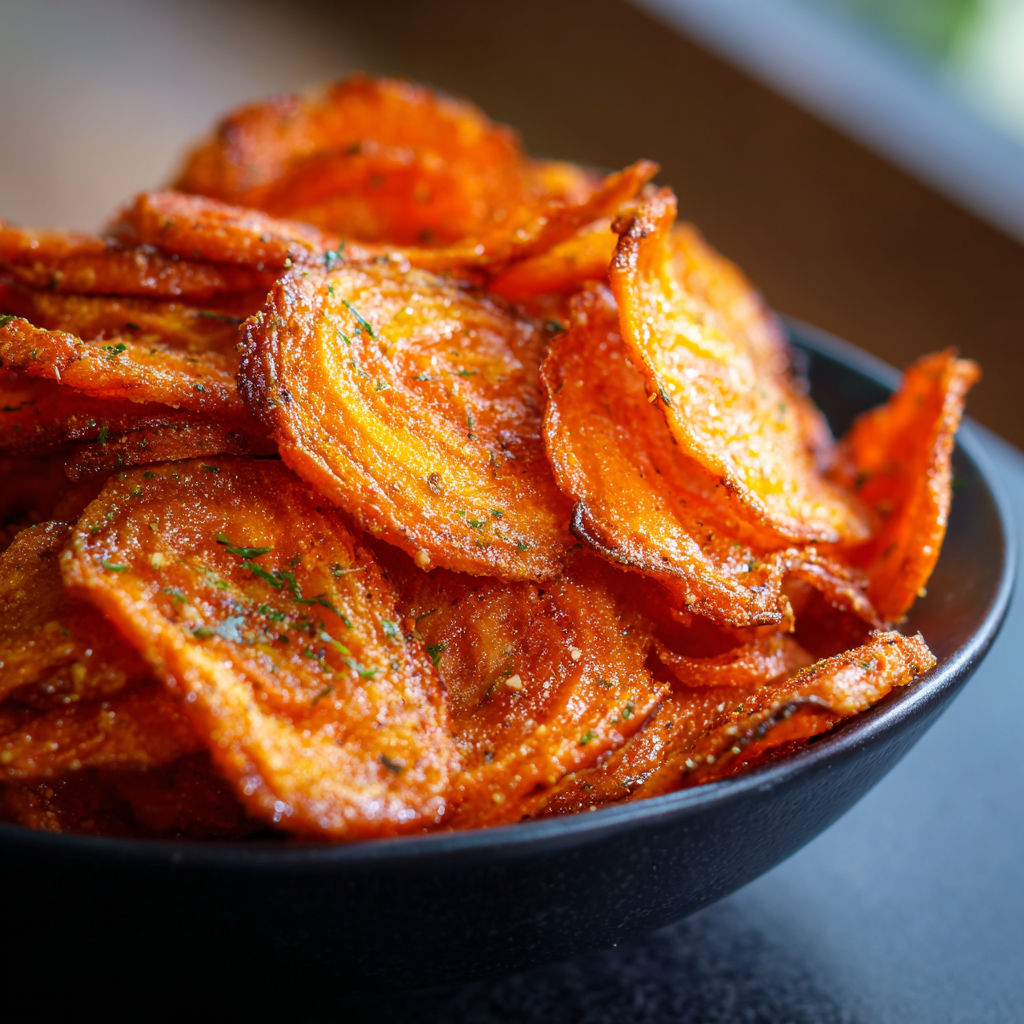 A bowl filled with sweet potato fries, garnished with parsley, is placed on a table.
