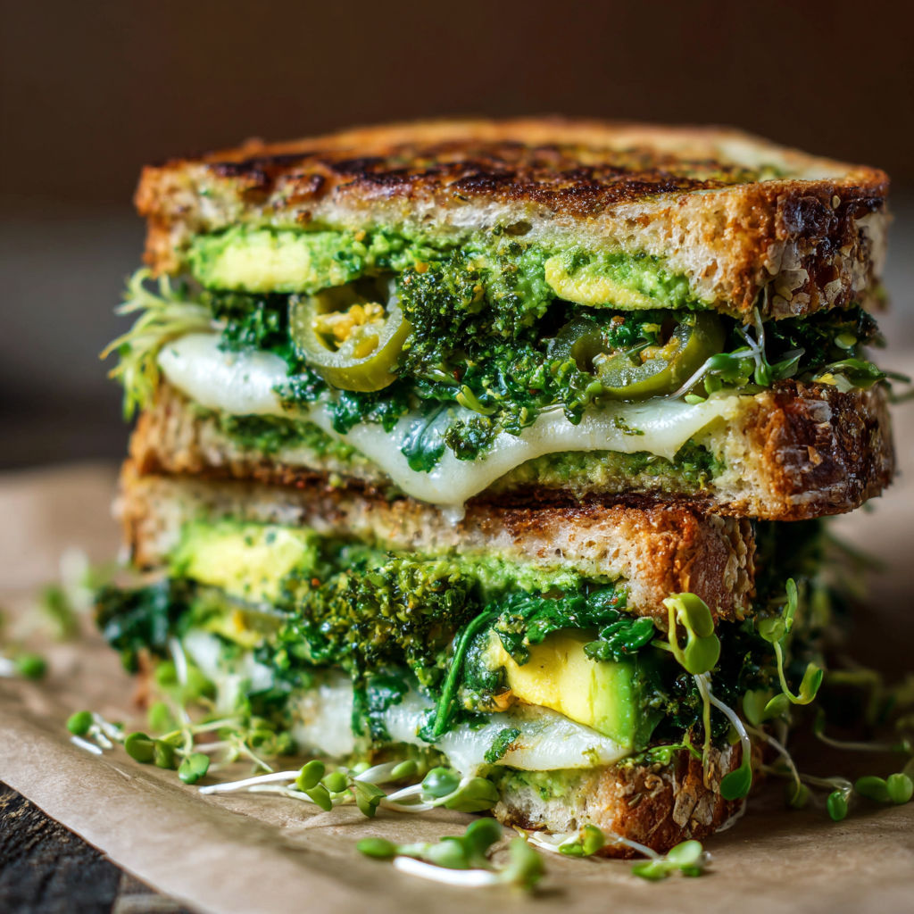 A stack of three grilled cheese sandwiches with greens and vegetables, including broccoli, on top.