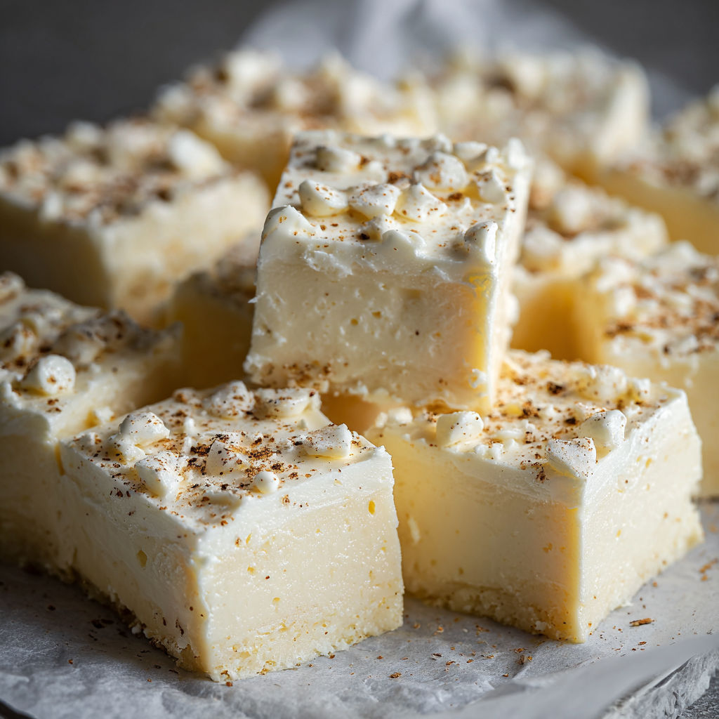 A close up of a delicious dessert made from a Christmas Eggnog Fudge Recipe.