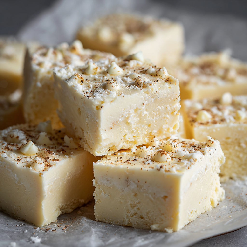A close up of a dessert with a white frosting and a sprinkle of cinnamon.