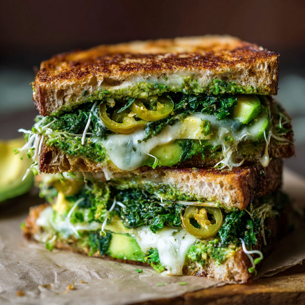 A stack of sandwiches with greens and tomatoes, possibly a veggie burger, is displayed on a table.