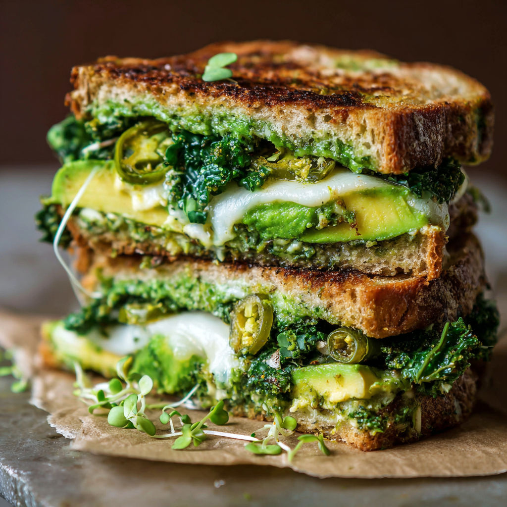 A stack of sandwiches with avocado and broccoli toppings, served on a paper towel.