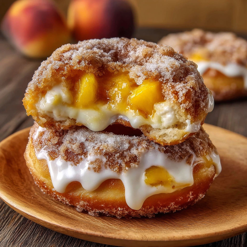 Two donuts with peaches and cream filling, topped with powdered sugar and a dusting of cinnamon.