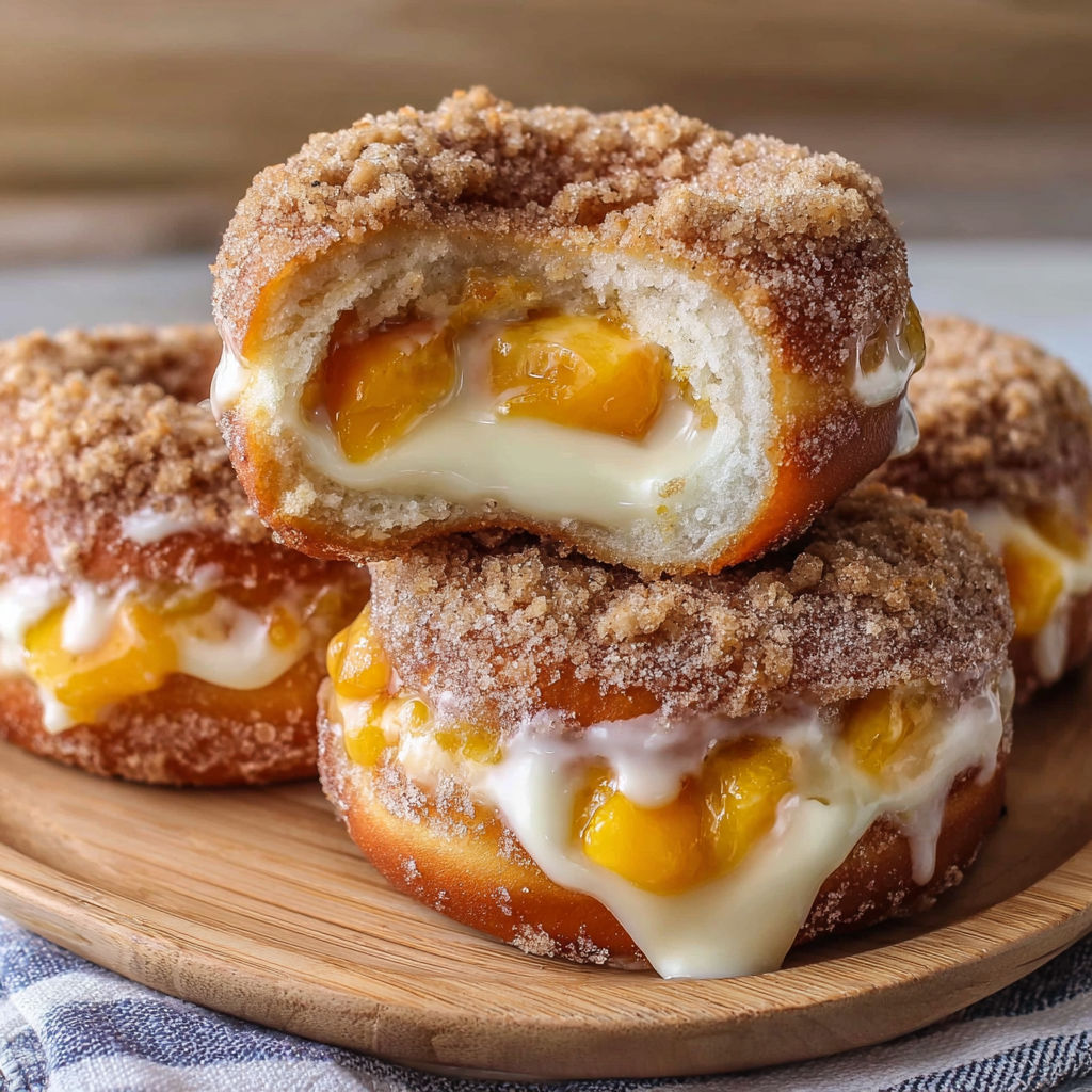A delicious treat made from a classic peach cobbler cheesecake recipe, these donuts are topped with a creamy filling and a dusting of powdered sugar.