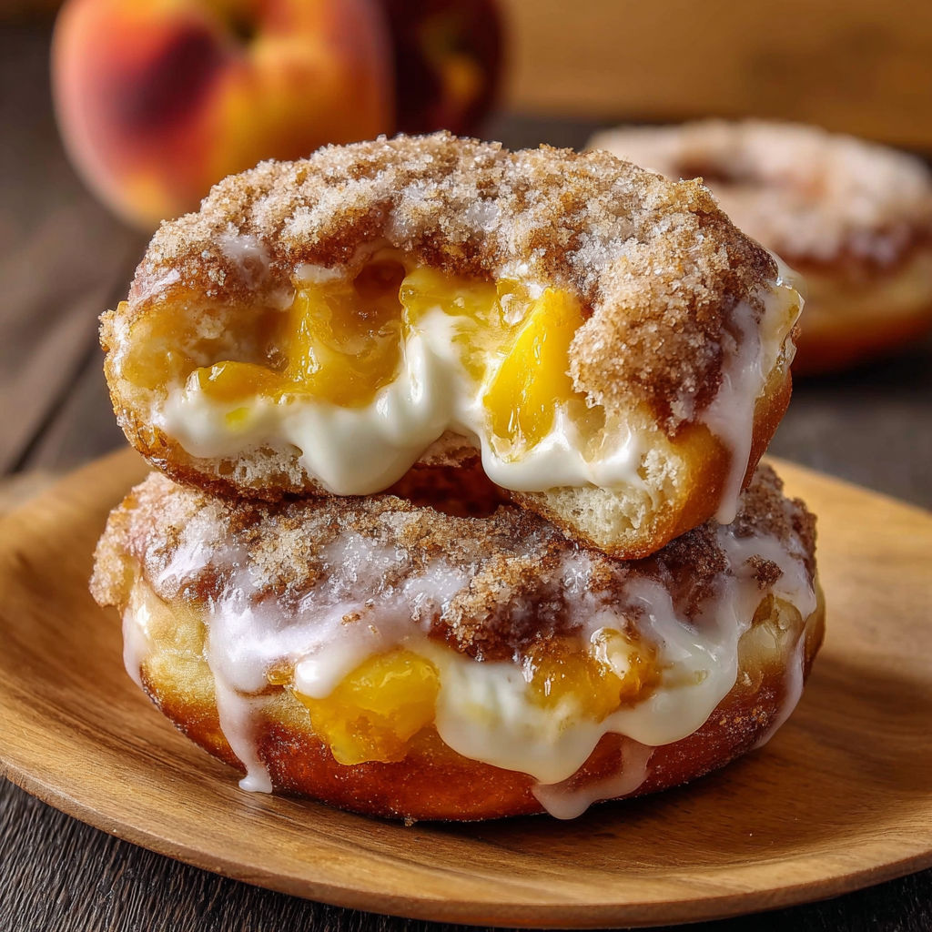 Two donuts with a peach cobbler cheesecake filling, topped with powdered sugar and a peach slice.