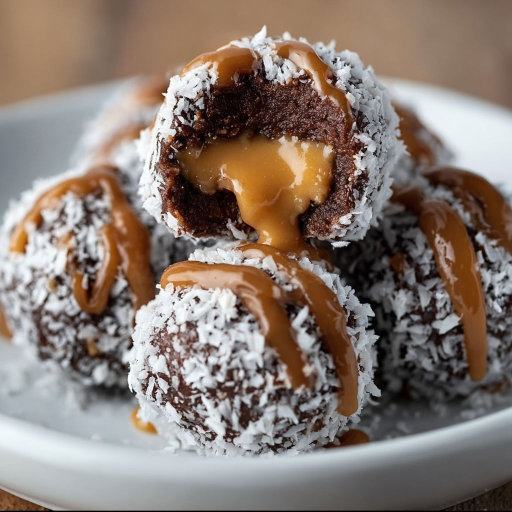 A plate of chocolate peanut butter snowballs with drizzled caramel sauce.