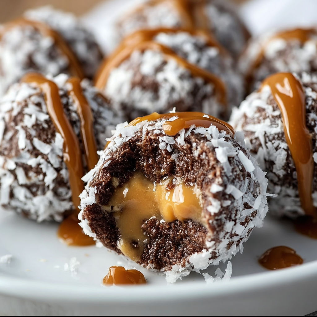 A plate of chocolate covered balls with caramel drizzle, possibly a dessert or treat.