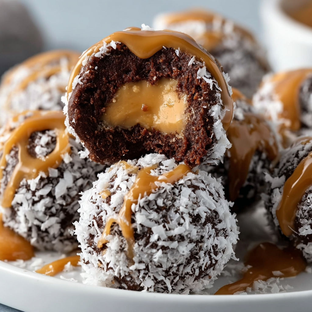 A plate of chocolate covered peanut butter balls with drizzled caramel sauce.