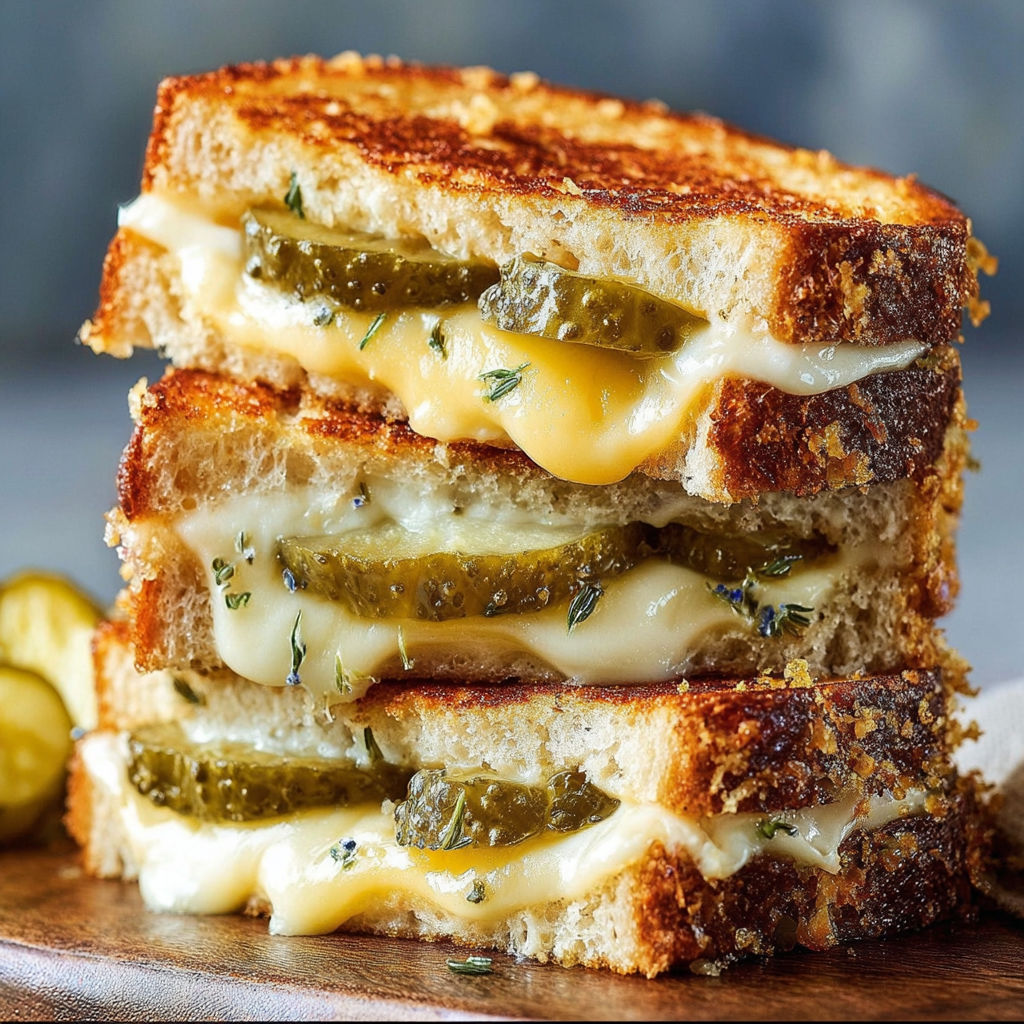 A delicious grilled cheese sandwich with pickles on top.