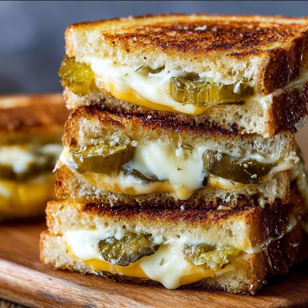 A delicious grilled cheese sandwich with pickles on top.