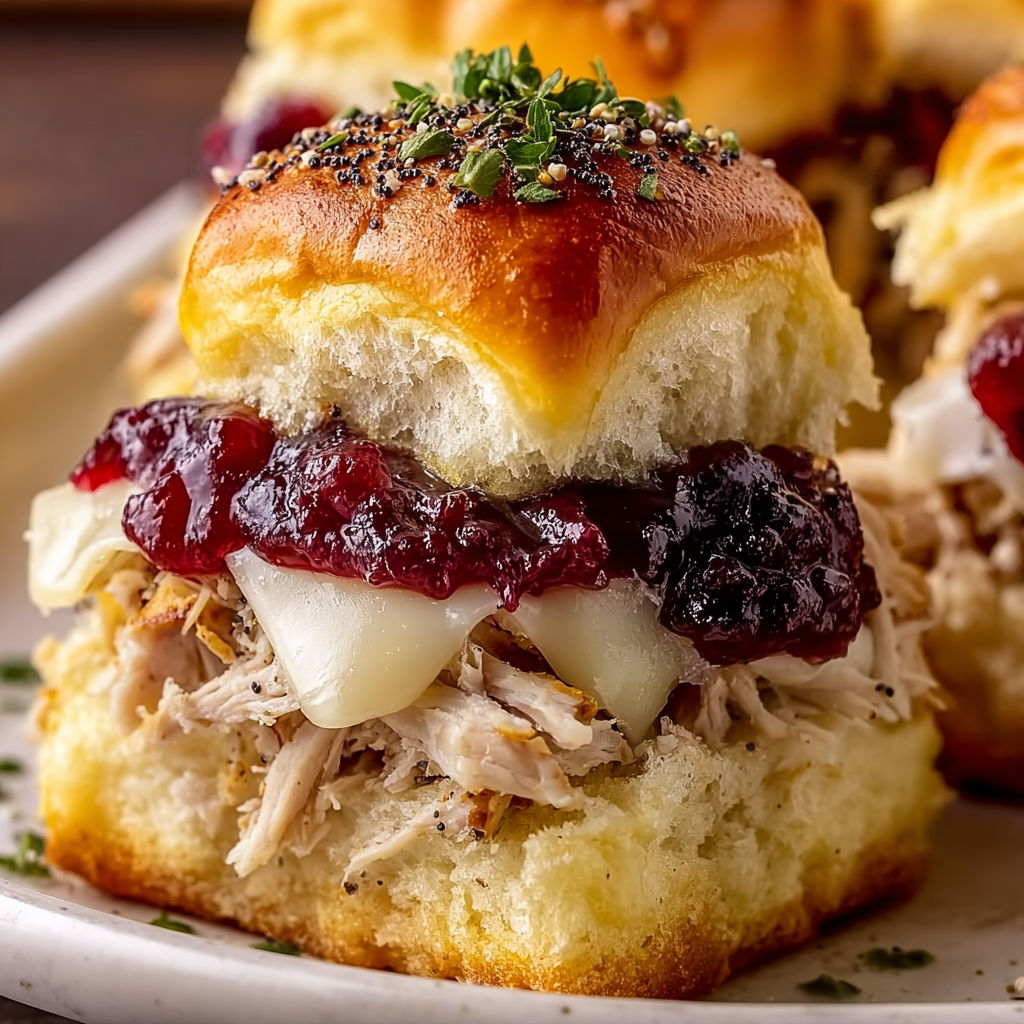 A plate of Thanksgiving Leftover Turkey Cranberry Sliders.