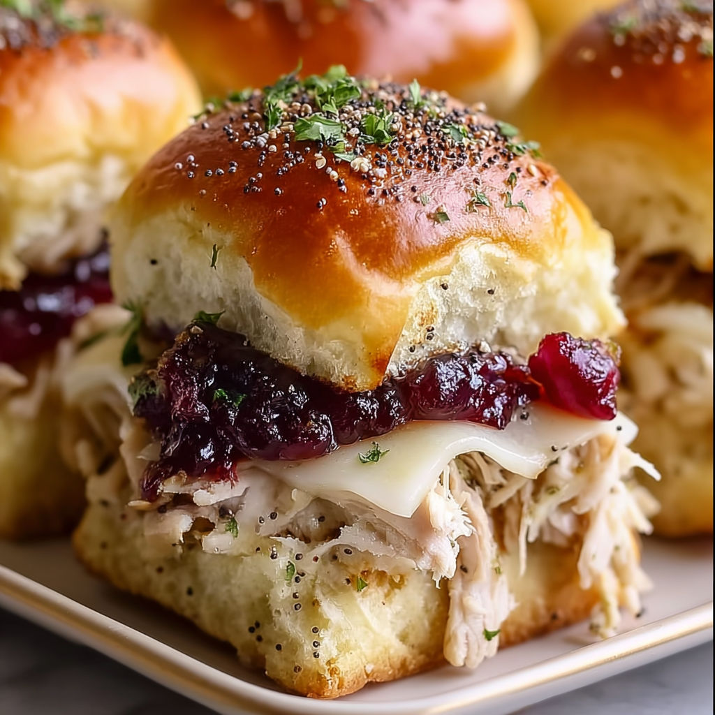 A plate of Thanksgiving leftover turkey cranberry sliders.