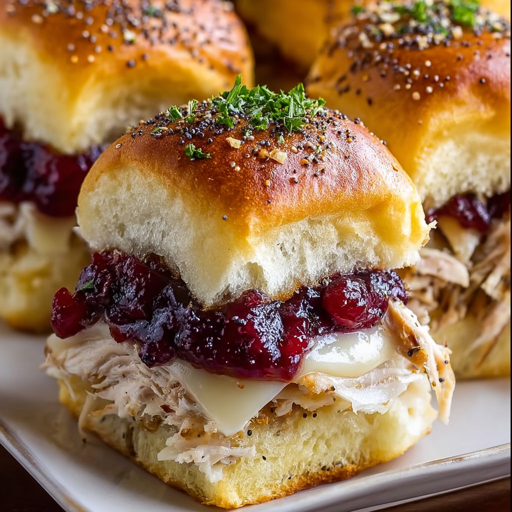 A plate of Thanksgiving Leftover Turkey Cranberry Sliders.