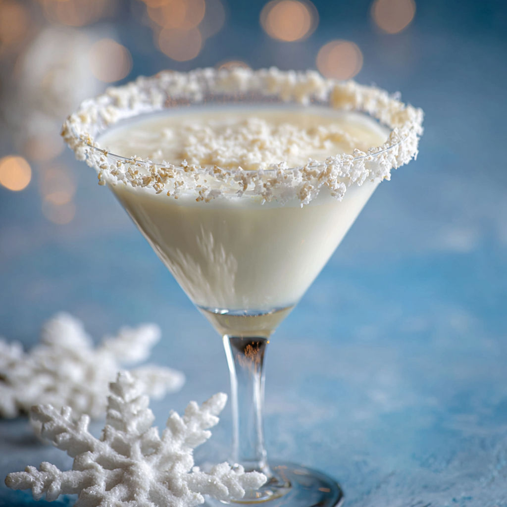A glass of white cream with a dusting of powdered sugar and a sprinkle of nutmeg.
