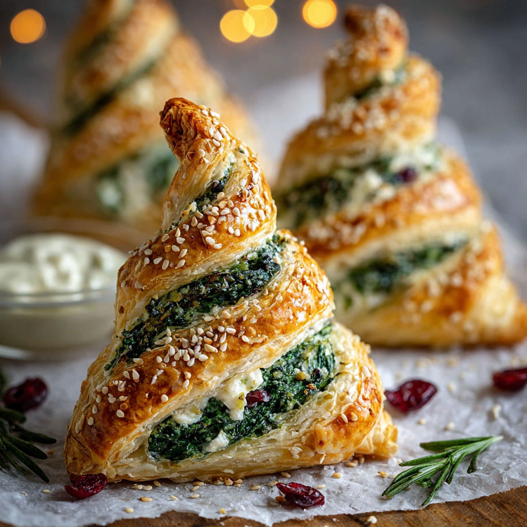 Three spinach feta cranberry puff pastry Christmas trees are displayed on a table.