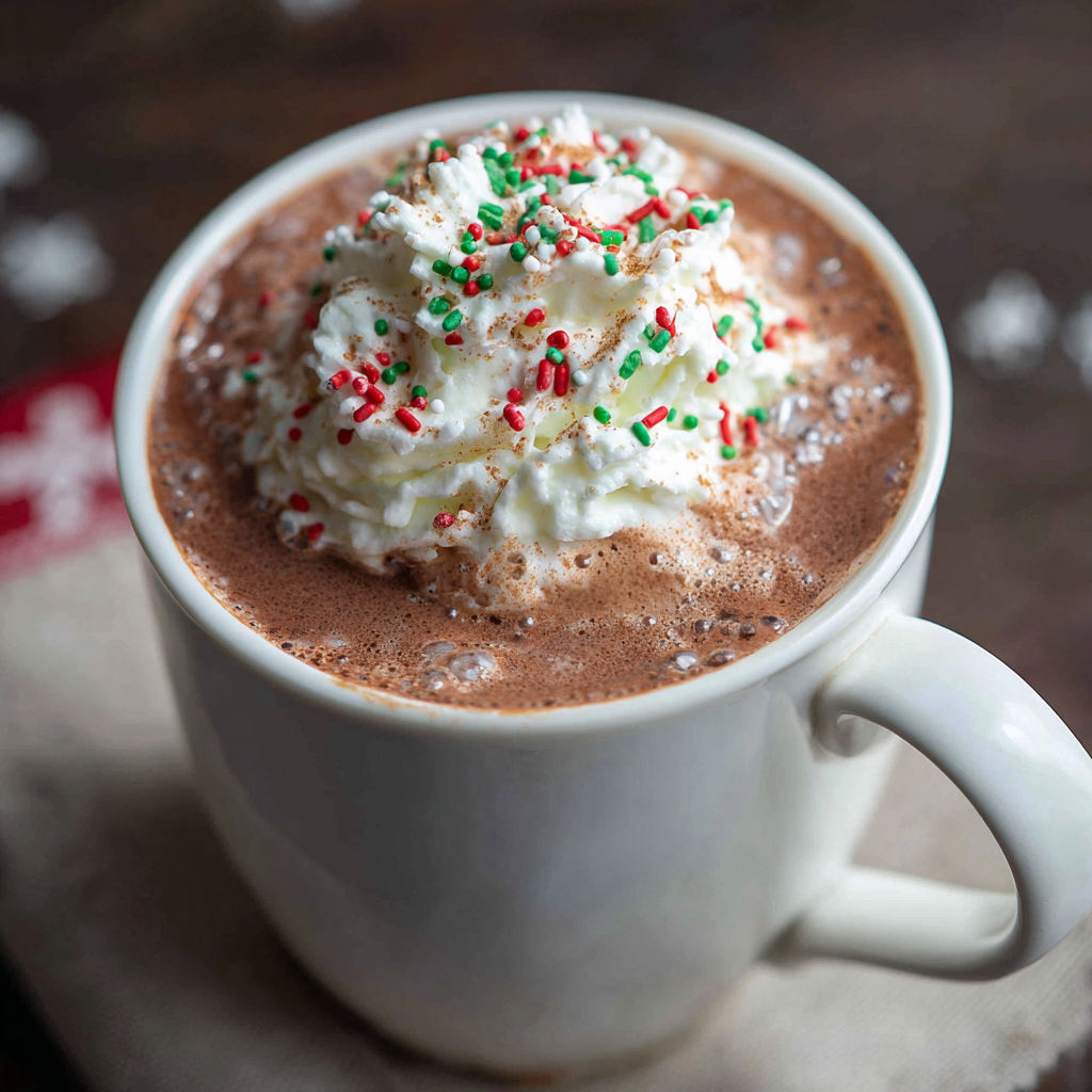A cup of Christmas Hot Chocolate with whipped cream and candy canes on top.