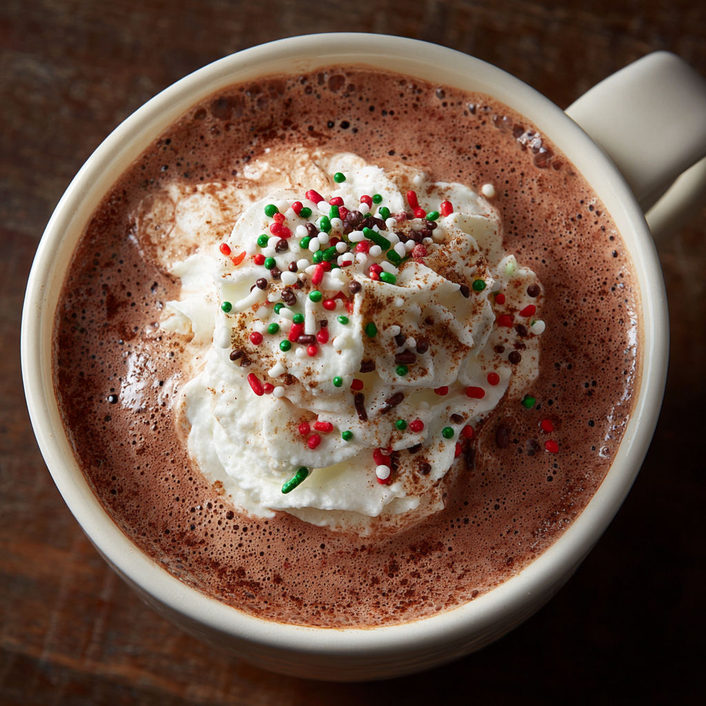 A cup of Christmas Hot Chocolate with whipped cream and candy canes on top.