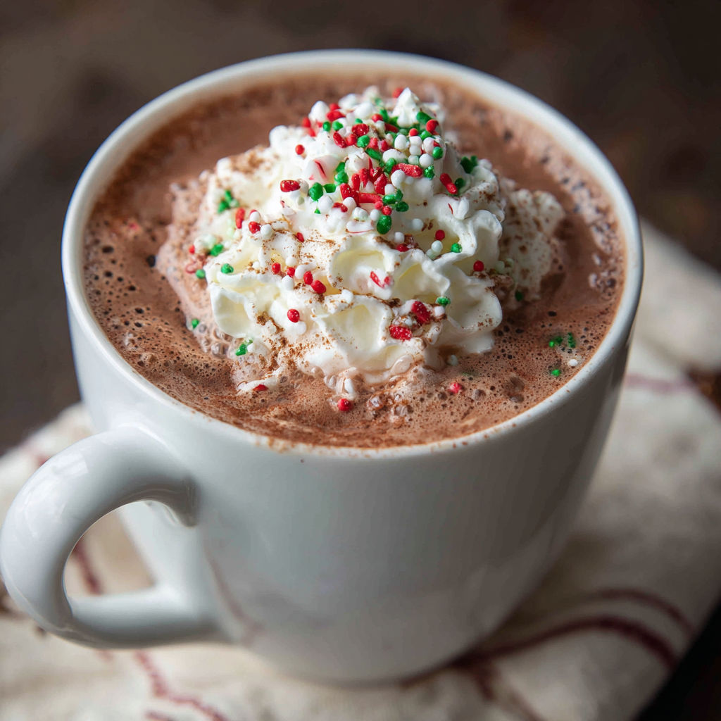 A cup of Christmas Hot Chocolate with whipped cream and candy canes on top.