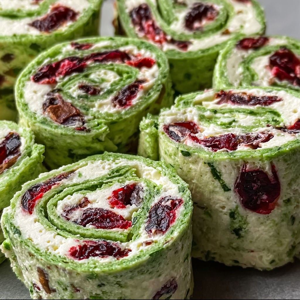 A close up of a cake roll with a green and red filling, possibly a cranberry and cream cheese roll.