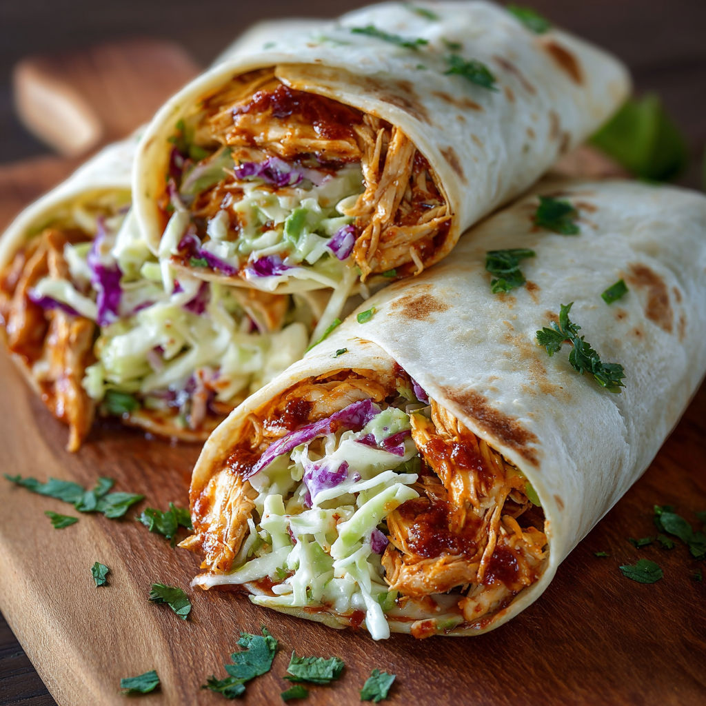A delicious chicken wrap is displayed on a wooden cutting board.