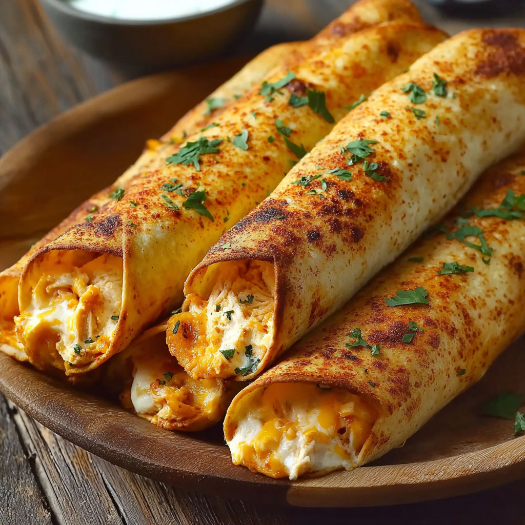 A plate of crunchy oven-baked chicken taquitos.