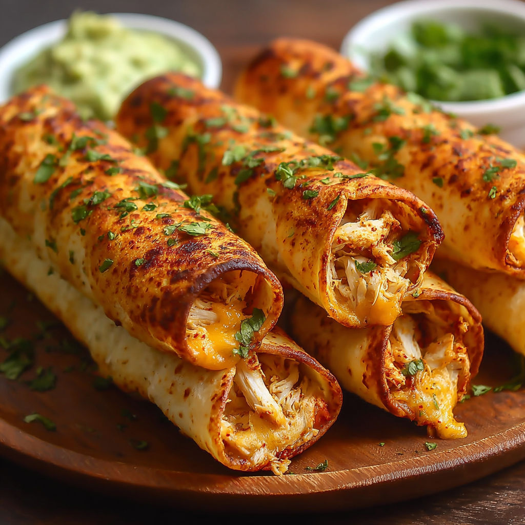 A delicious meal of chicken enchiladas is served on a wooden platter.
