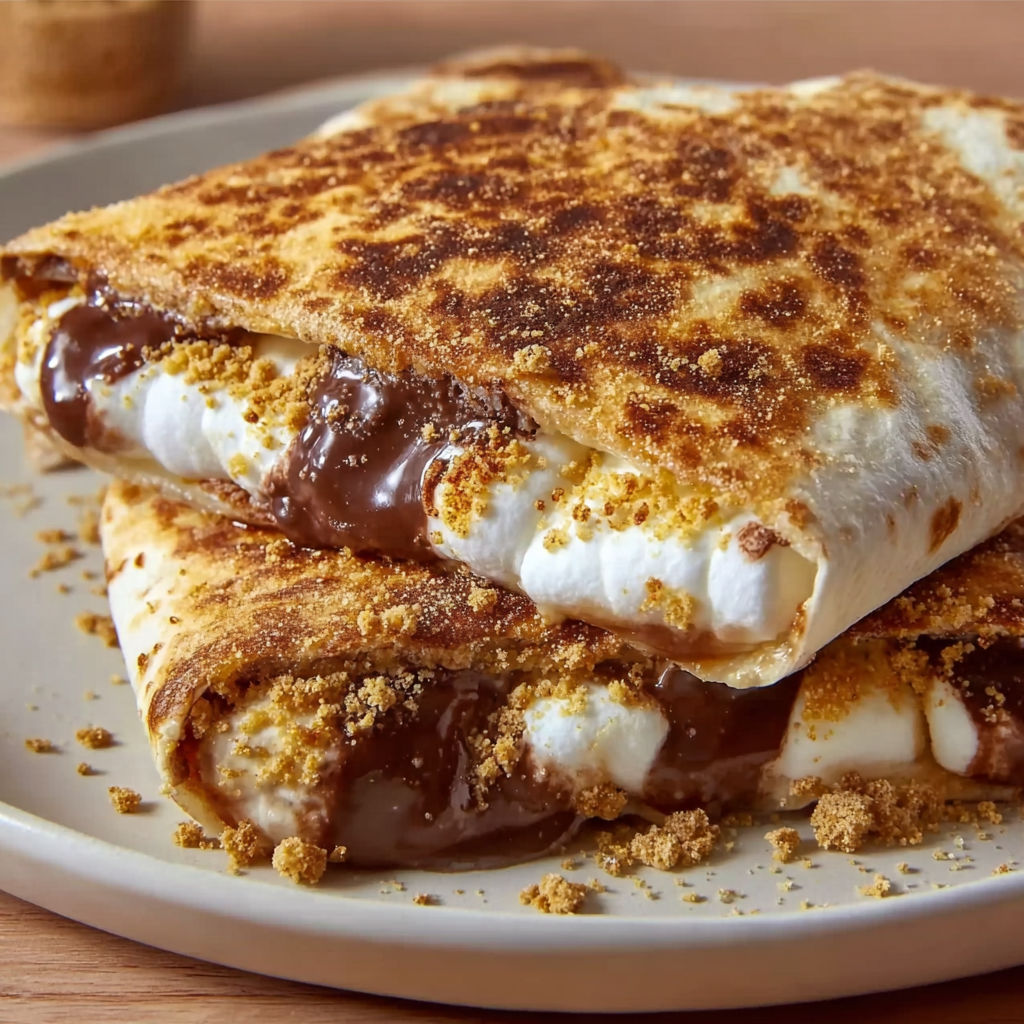 A plate of S'mores Crunchwrap sandwiches with chocolate drizzle and marshmallows.