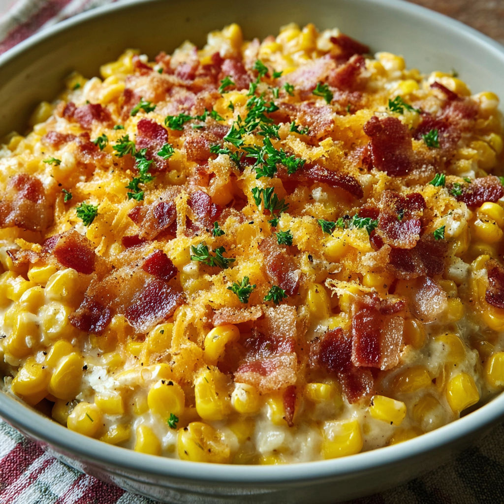 A bowl of bacon and corn casserole with a green onion garnish.