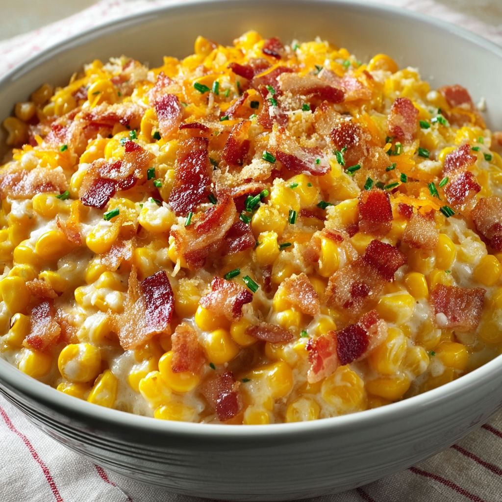 A bowl of bacon and corn casserole sits on a table.
