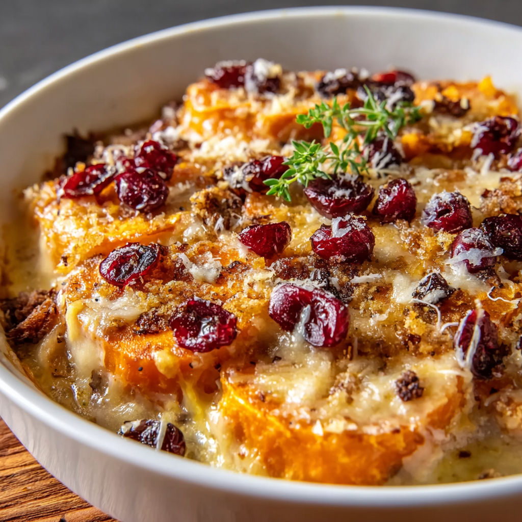 A white bowl filled with a delicious Sweet Potato Cranberry Gratin.