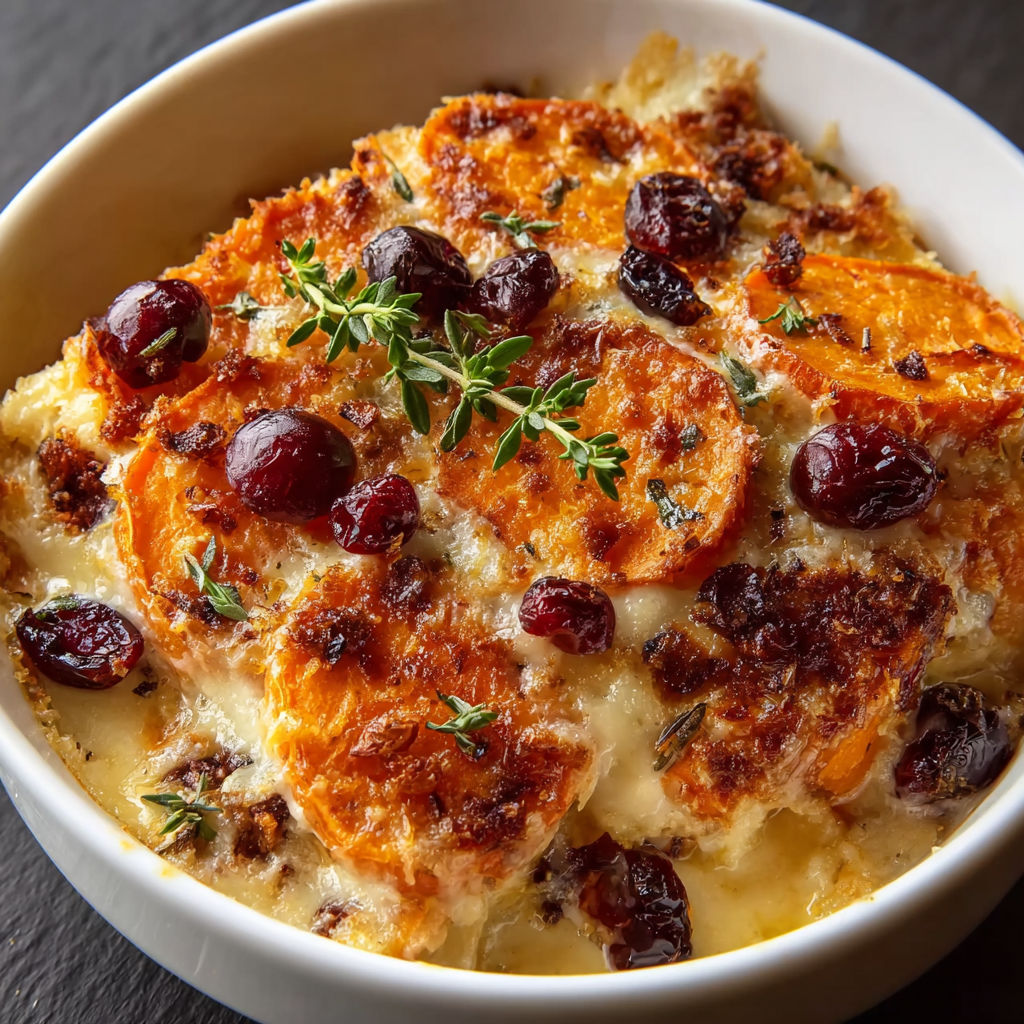 A bowl of food with the name "Cheesy Baked Sweet Potato Casserole" written on it.