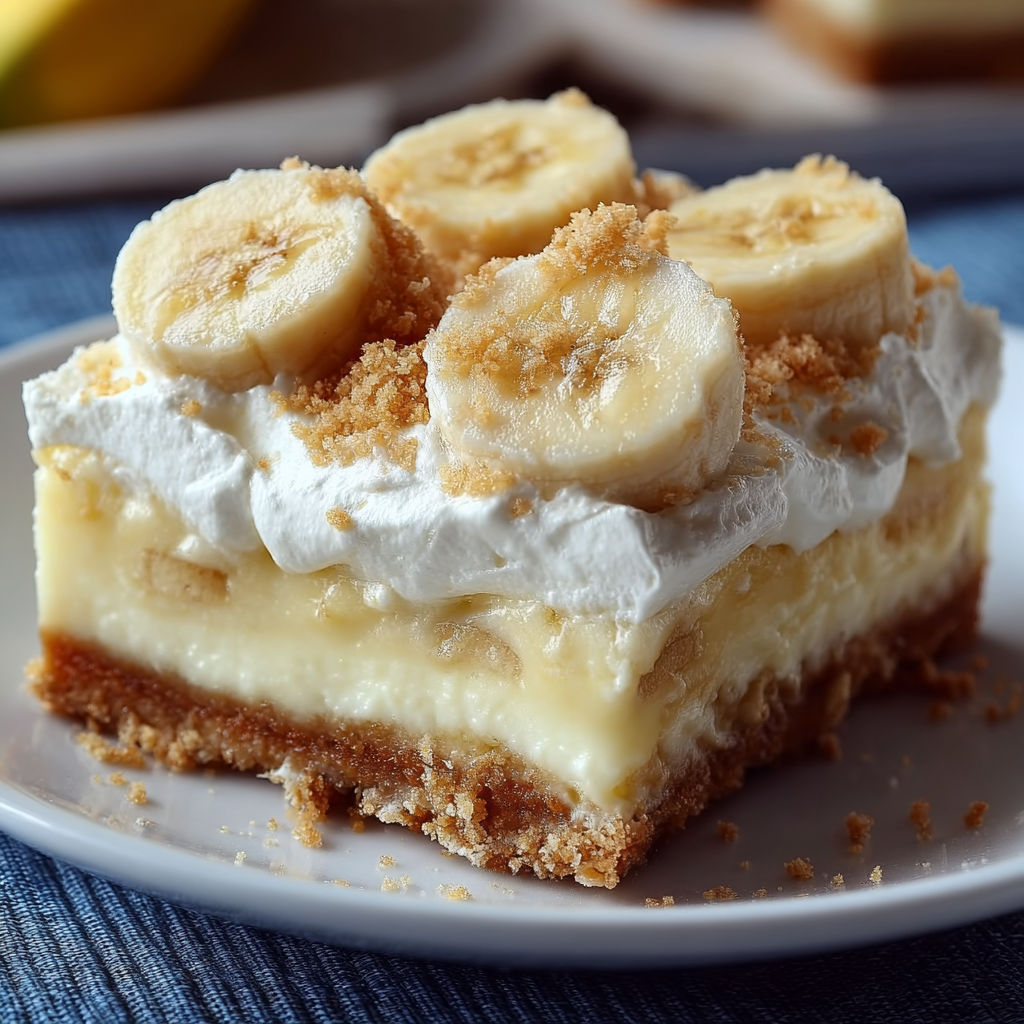 A slice of Banana Pudding Cheesecake Squares on a white plate.