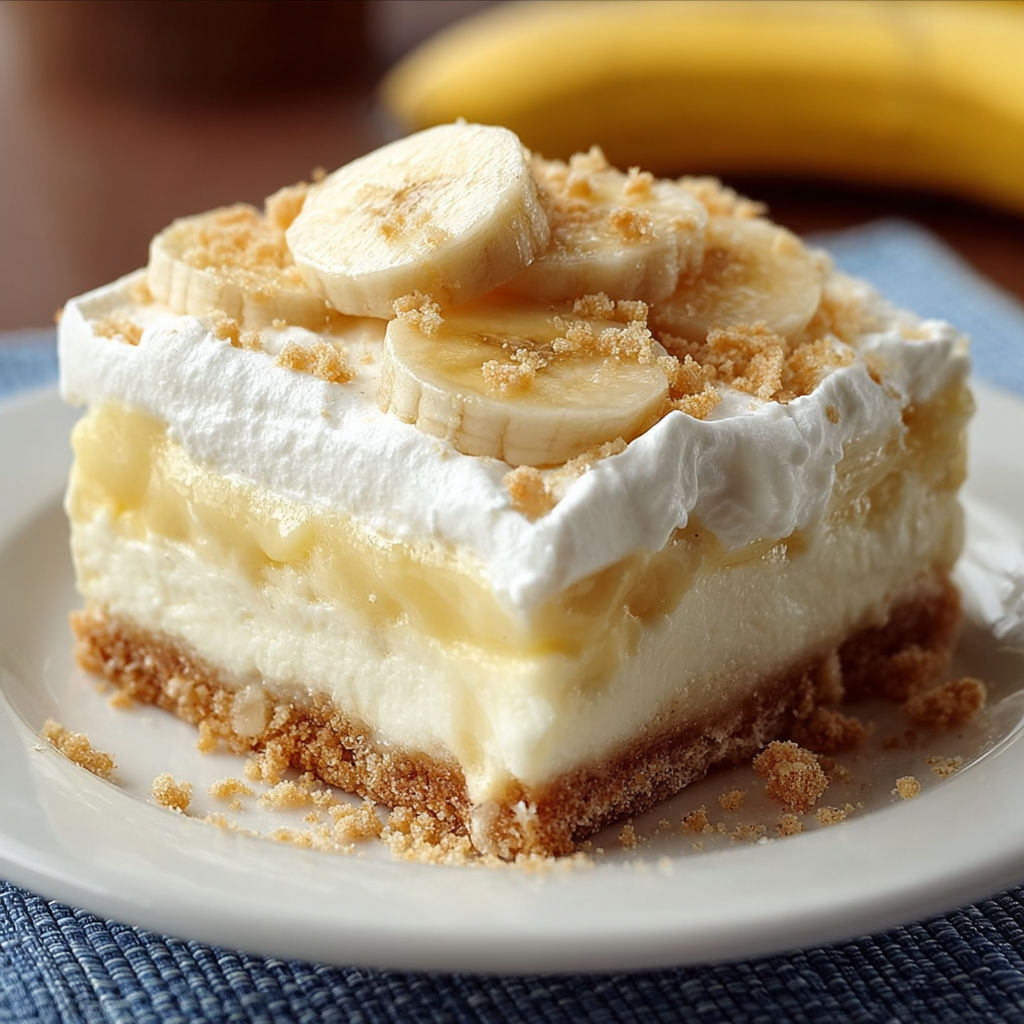 A slice of banana cream pie on a white plate.