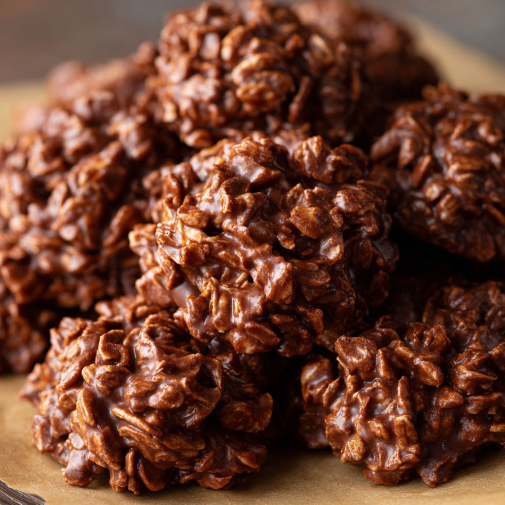 A plate of chocolate peanut butter no-bake cookies.