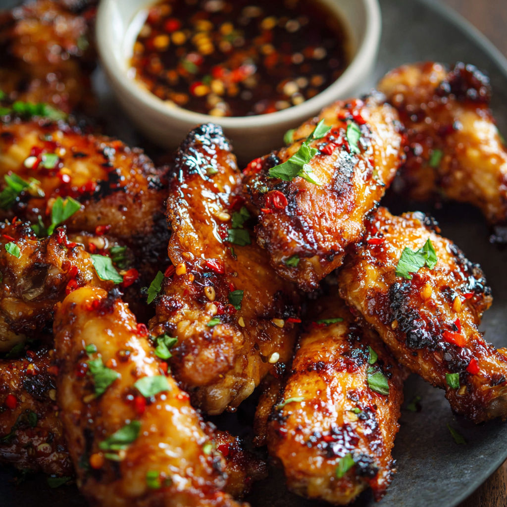 A plate of grilled chicken wings with a bowl of sauce on the side.