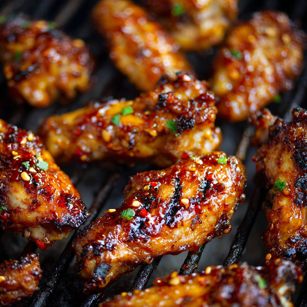 A close-up of grilled chicken wings with a spicy sauce, ready to be served with a side of rice and vegetables.