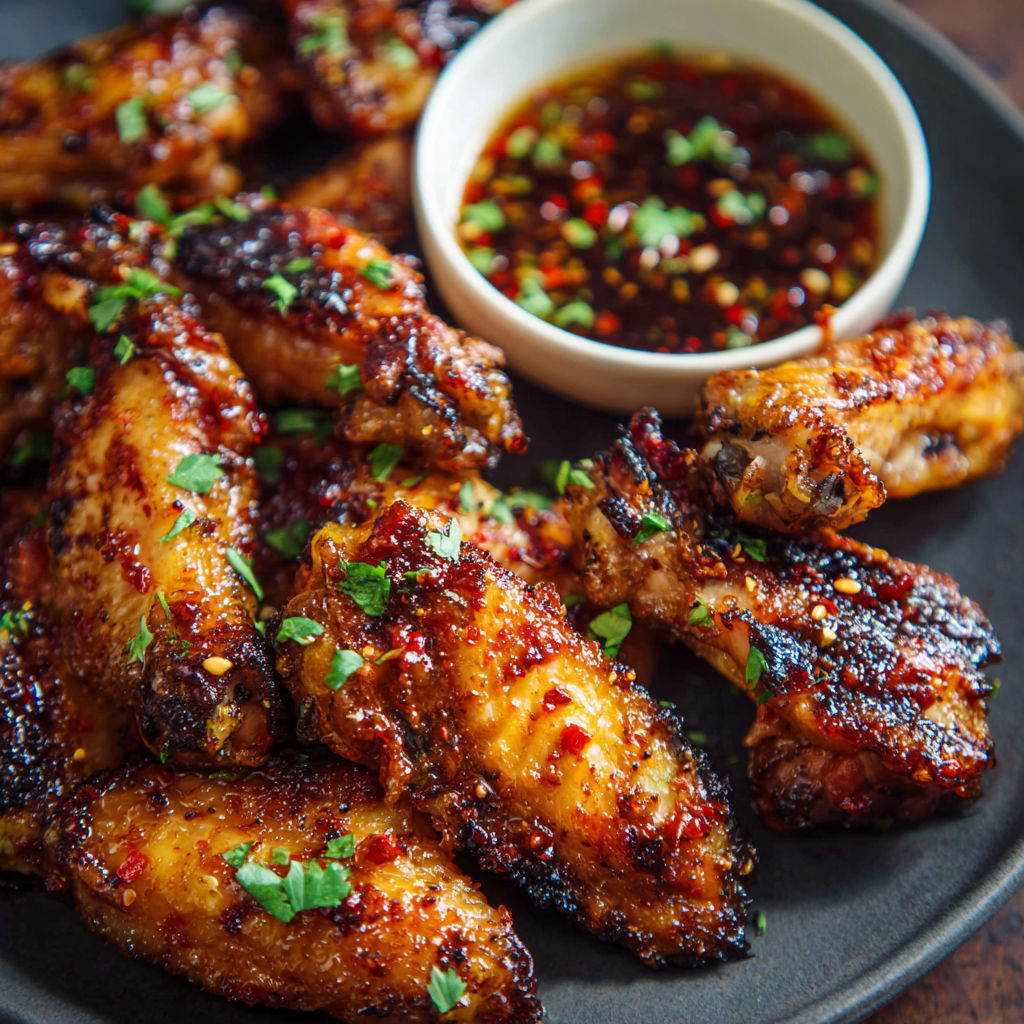 A plate of barbecue wings with a bowl of sauce on the side.