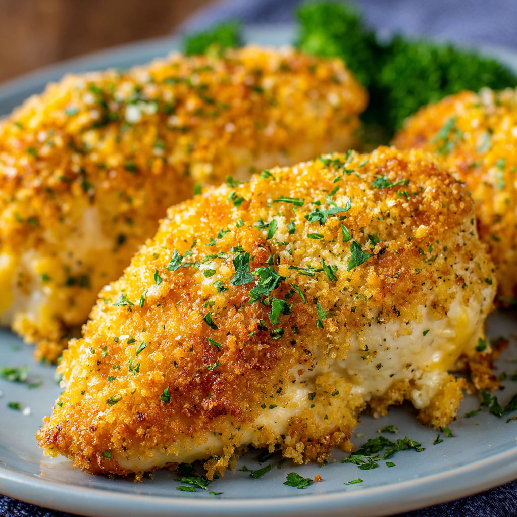 A plate of baked cheesy chicken breasts with broccoli on the side.