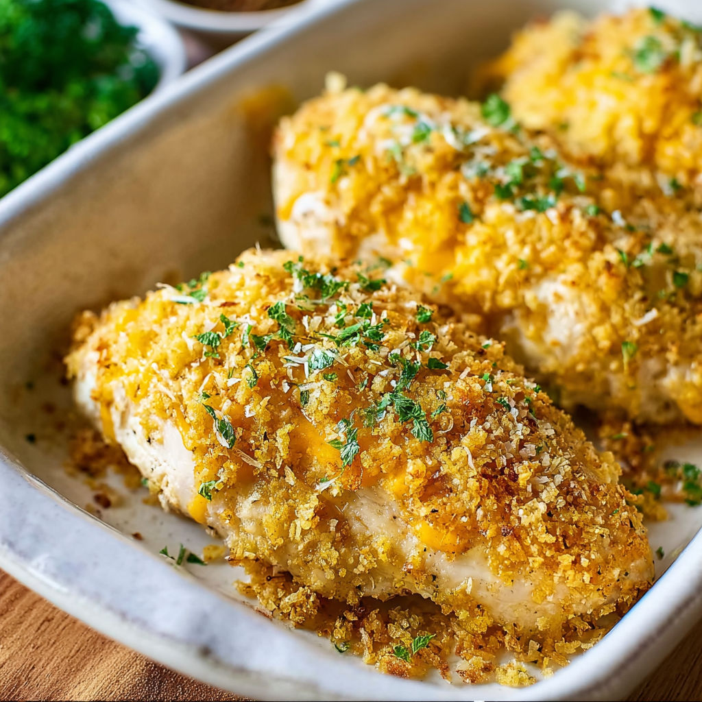 A dish of breaded chicken with cheese and herbs, served in a white bowl.
